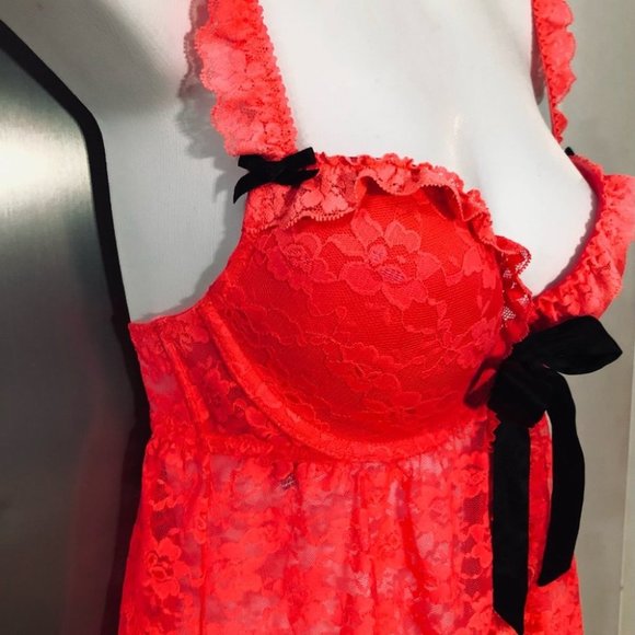💕La Senza Hot Coral Padded Push Up Bra Lace Babydoll Lingerie w/Panties S NWOT💕 - Picture 2 of 16